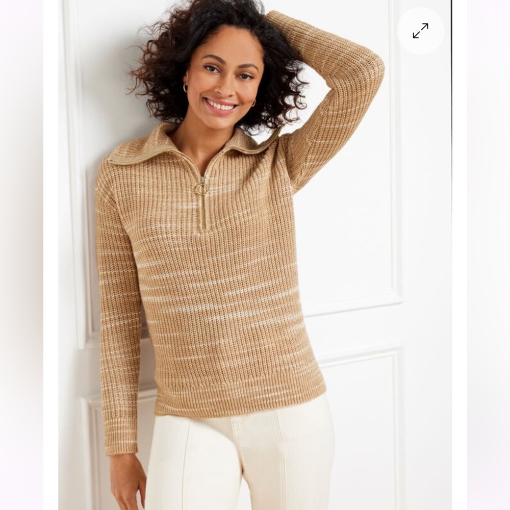 TALBOTS HALF-ZIP PULLOVER SPECKLED SPACE DYE CAFE/IVORY PETITE & PETITE S NWT